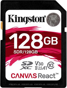 Фото Kingston Canvas React SDXC Class 10 UHS-I U3 V30 A1 128Gb (SDR/128GB)