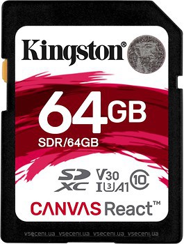 Фото Kingston Canvas React SDXC Class 10 UHS-I U3 V30 A1 64Gb (SDR/64GB)