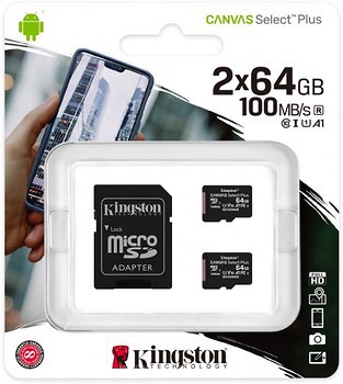 Фото Kingston Canvas Select Plus microSDXC Class 10 UHS-I U1 2 x 64Gb (SDCS2/64GB-2P1A)