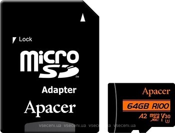 Фото Apacer R100 microSDXC Class 10 UHS-I U3 V30 A2 64Gb + SD-adapter (AP64GMCSX10U8-R)