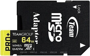 Фото Team Group Pro+ microSDXC Class 10 UHS-I U3 V30 A2 64Gb (TPPMSDX64GIA2V3003)