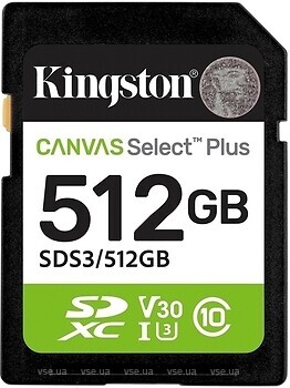 Фото Kingston Canvas Select SDXC Class 10 UHS-I U3 V30 512Gb (SDS3/512GB)
