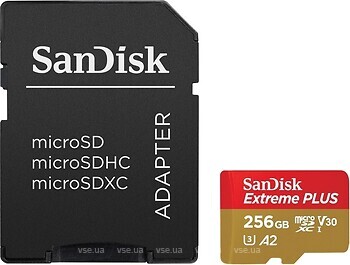 Фото SanDisk Extreme Plus microSDXC Class 10 UHS-I U3 V30 A2 256Gb (SDSQXBD-256G-AN6MA)
