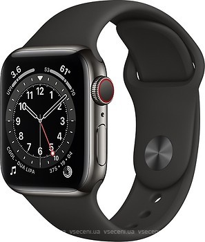 Фото Apple Watch Series 6 GPS + Cellular 44mm Graphite Stainless Steel Case with Black Sport Band (M07Q3/M09H3)