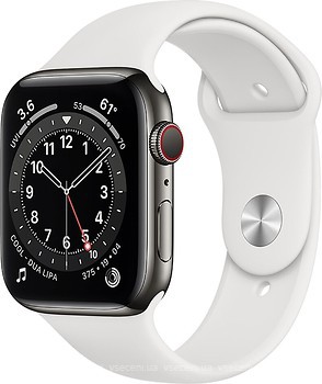 Фото Apple Watch Series 6 GPS + Cellular 44mm Graphite Stainless Steel Case with White Sport Band (M0GG3/M09D3)