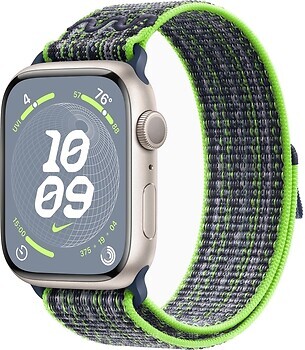 Фото Apple Watch Series 9 GPS 45mm Starlight Aluminum Case with Bright Green/Blue Nike Sport Loop (MR9P3)