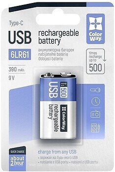 Фото ColorWay 6LR61 USB-C 390 mAh 9V 1 шт (CW-UB9V-06)