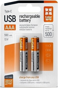Фото ColorWay AAA USB-C 590 mAh 1.5V 2 шт (CW-UBAAA-09)