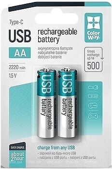 Фото ColorWay AA USB-C 2220 mAh 1.5V 2 шт (CW-UBAA-10)