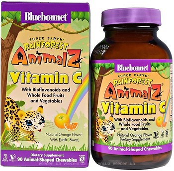 Фото Bluebonnet Nutrition Super Earth Rainforest Animalz Vitamin C зі смаком апельсина 90 таблеток