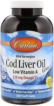 Фото Carlson Labs Cod Liver Oil 1000 мг зі смаком лимона 300 капсул (CAR-01393)