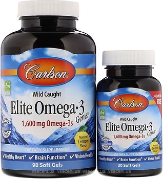 Фото Carlson Labs Wild Caught Elite Omega-3 зі смаком лимона 1600 мг 90+30 капсул (CAR-01714)