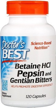 Фото Doctor's Best Betaine HCl Pepsin and Gentian Bitters 120 капсул (DRB00163)