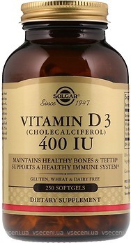 Фото Solgar Vitamin D3 Cholecalciferol 400 IU 250 капсул (SOL03321)