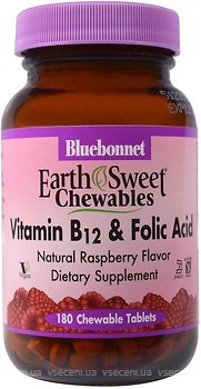 Фото Bluebonnet Nutrition EarthSweet Chewables Vitamin B12 & Folic Acid зі смаком малини 180 таблеток