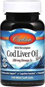 Фото Carlson Labs Wild Norwegian Cod Liver Oil 100 міні капсул (CAR-01311)