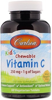 Фото Carlson Labs Kids Vitamin C зі смаком мандарина 250 мг 60 таблеток