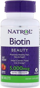 Фото Natrol Biotin 5000 мкг зі смаком полуниці 90 таблеток (NTL06323)