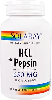 Фото Solaray HCL with Pepsin 650 мкг 100 капсул (SOR04814)
