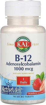 Фото KAL B12 Adenosylcobalamin зі смаком полуниці 1000 мкг 90 таблеток