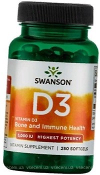 Фото Swanson Vitamine D3 Hignest 5000 IU 250 капсул (SWA11371)