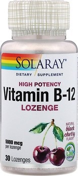 Фото Solaray Vitamin B-12 5000 мкг со вкусом вишни 30 леденцы (SOR04351)