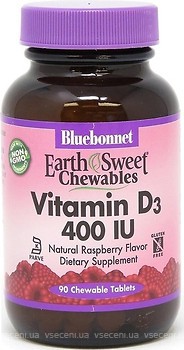 Фото Bluebonnet Nutrition EarthSweet Chewables Vitamin D3 зі смаком малини 400 IU 90 таблеток