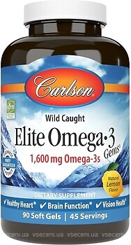 Фото Carlson Labs Wild Norwegian Elite Omega-3 1600 мг зі смаком лимона 90 капсул