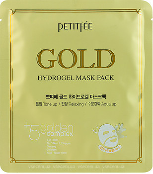 Фото Petitfee Gold Hydrogel Mask +5 golden complex гідрогелева маска для обличчя з золотим комплексом +5