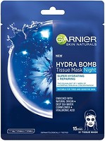 Фото Garnier тканинна маска для обличчя Skin Naturals Hydra Bomb Нічна Аква Бомба для шкіри обличчя з ознаками втоми 28 г