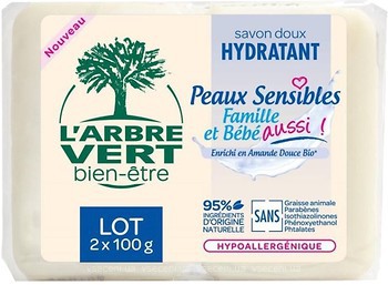 Фото L'Arbre Vert тверде мило Family & Baby Sensitive гіпоалергенне з екстрактом солодкого мигдалю 2x 100 г