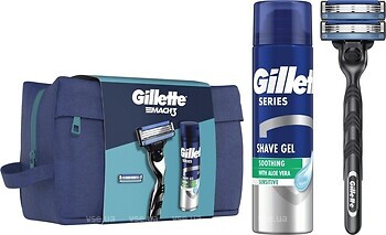 Фото Gillette подарунковий набір Mach 3 з 2 змінними картриджами, гелем для гоління Soothing 200 мл і дорожнім чохлом