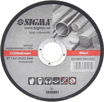 Фото Sigma абразивний відрізний 115x1x22.2 мм 10 шт (1940001)