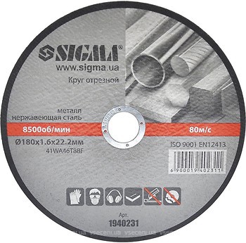Фото Sigma абразивний відрізний 180x1.6x22.2 мм 5 шт (1940231)