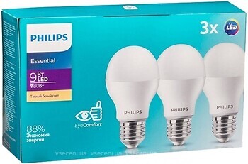 Фото Philips Essential LEDBulb A60 9W 3000K E27 Набір 3 шт (929002299247)