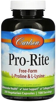 Фото Carlson Labs Pro-Rite L-Proline & L-Lysine 200 капсул