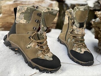 Фото Ukono черевики тактичні з конопляною тканиною зимові з захищеними п'ятою і носком піксель коричневі