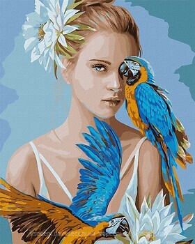 Фото Ідейка Дівчина з блакитними папугами (KHO4802)