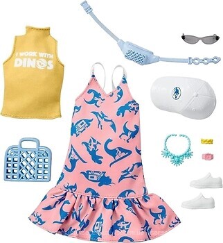 Фото Mattel Барбі Fashions Pack Pink Dress with Dinosaur, Yellow Shirt Inspired by Jurassic World (GRD63)