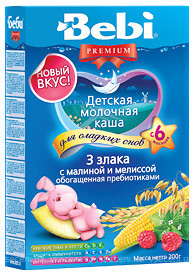 Фото Bebi Premium Каша молочна 3 злаку з малиною і мелісою 200 г
