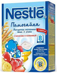 Фото Nestle Каша молочная Помогайка йогуртная 3 злака банан-клубника 200 г