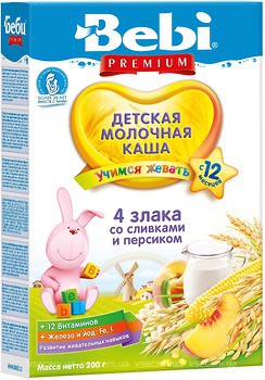 Фото Bebi Premium Каша молочная 4 злака со сливками и персиком 200 г