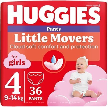 Фото Huggies Little Movers Pants 4 для девочек (9-14 кг) 36 шт