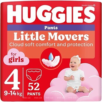 Фото Huggies Little Movers Pants 4 для дівчаток (9-14 кг) 52 шт