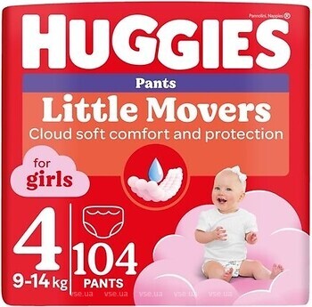 Фото Huggies Little Movers Pants 4 для дівчаток (9-14 кг) 104 шт