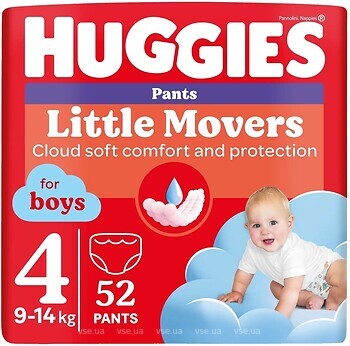 Фото Huggies Little Movers Pants 4 для хлопчиків (9-14 кг) 2x 52 шт
