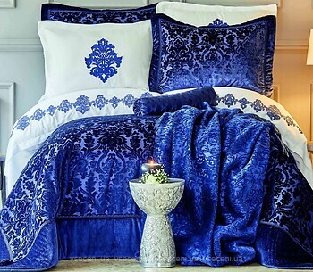 Фото Karaca Home Volante lacivert синій двоспальний Євро з покривалом + плед (svt-2000022305020)