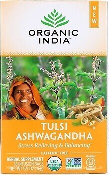 Фото Organic India Чай трав'яний пакетований Tulsi Ashwagandha (картонна коробка) 18x2 г