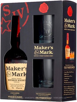 Фото Maker's Mark Kentucky Straight Bourbon Whiskey 0.7 л в подарунковій коробці з 2 склянками