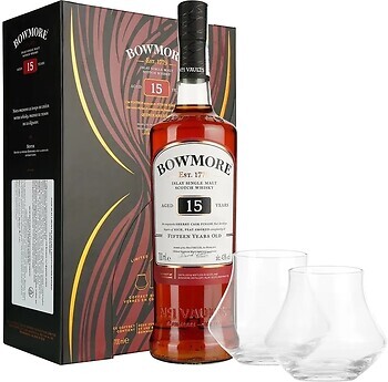 Фото Bowmore Darkest 15 YO 0.7 л в подарунковій коробці + 2 келиха